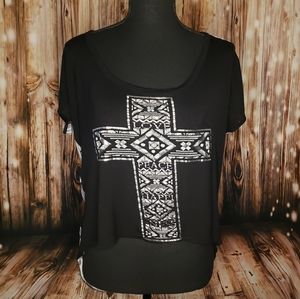 Rue 21 top short sleeve sheer back blouse w/ cross